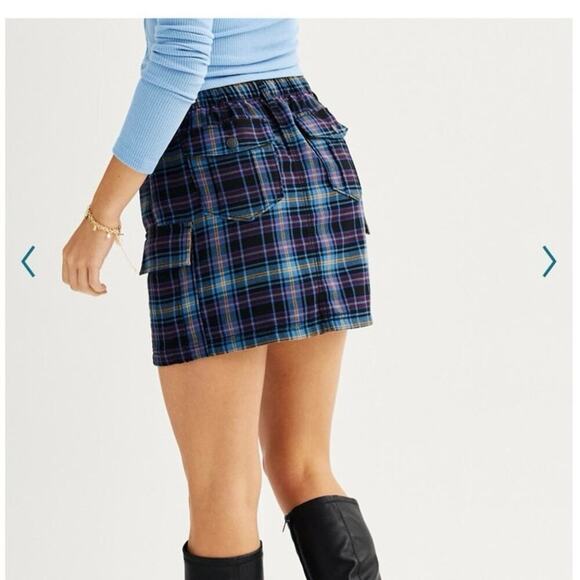 Plaid cargo utility mini skirt elastic waist 90s retro punk schoolgirl SO sz 9 - Picture 2 of 11